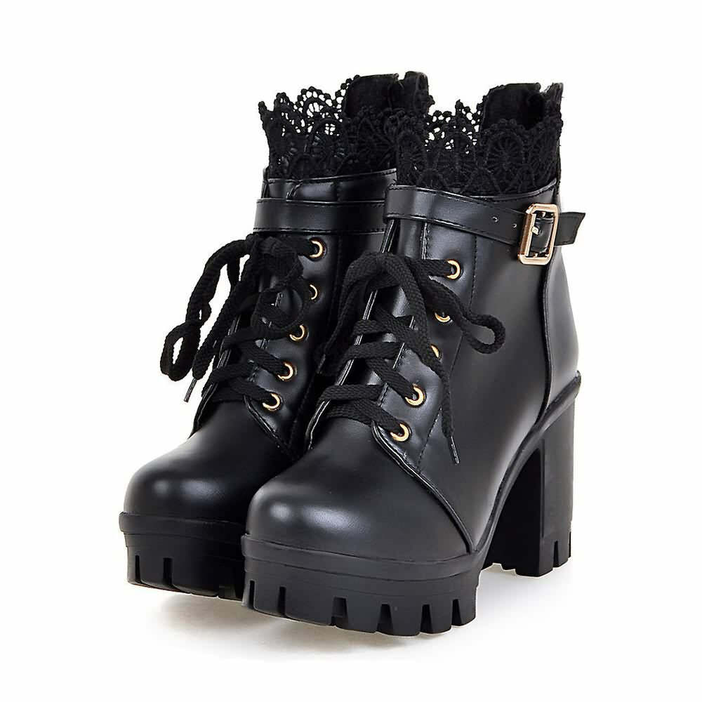 Gothic Y2K Buckle Strap Lace Platform Boots - Retro 90s Grunge Fashion for Y2K Outfits