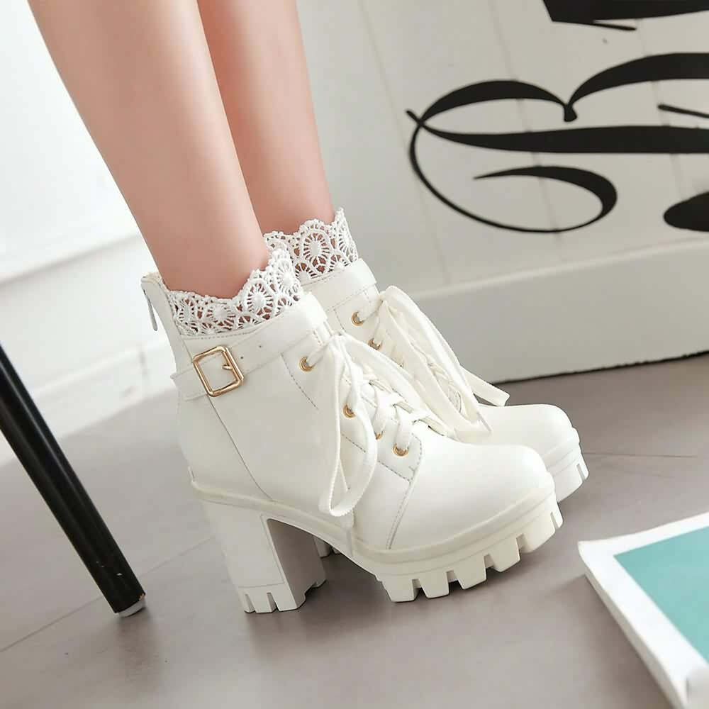 Gothic Y2K Buckle Strap Lace Platform Boots - Retro 90s Grunge Fashion for Y2K Outfits