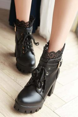 Gothic Y2K Buckle Strap Lace Platform Boots - Retro 90s Grunge Fashion for Y2K Outfits