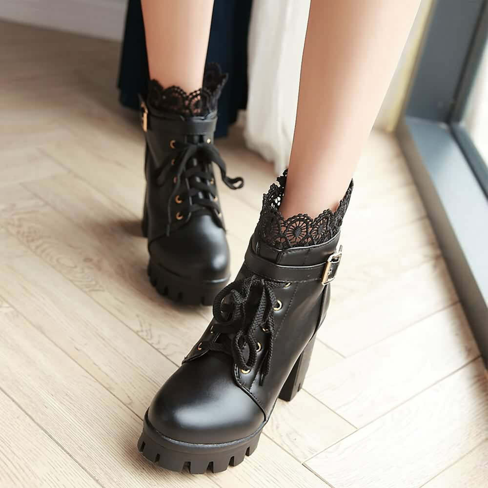 Gothic Y2K Buckle Strap Lace Platform Boots - Retro 90s Grunge Fashion for Y2K Outfits