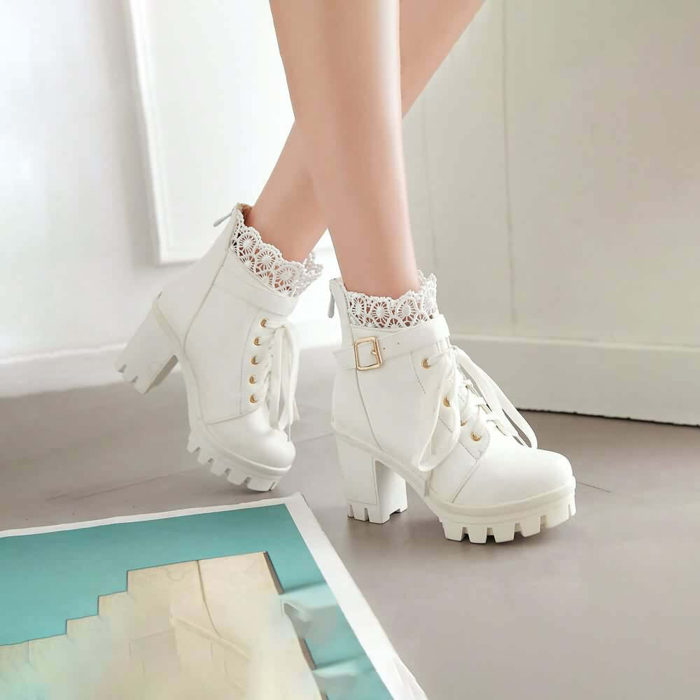 Gothic Y2K Buckle Strap Lace Platform Boots - Retro 90s Grunge Fashion for Y2K Outfits