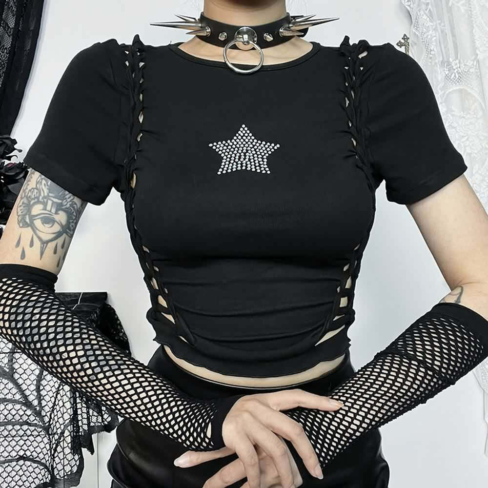 Gothic Y2K Criss Cross Cut Out Crop Top - 90s Grunge, Retro, Pastel Goth, Summer Party Outfit