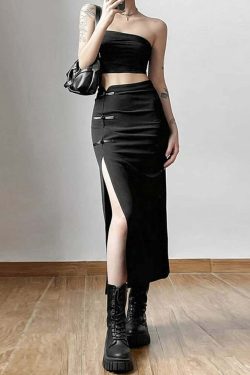 Gothic Y2K High Waisted Split Midi Skirt - Retro 90s Grunge Summer Outfit