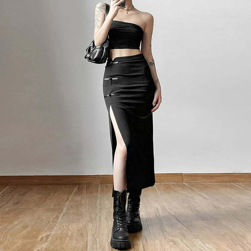 Gothic Y2K High Waisted Split Midi Skirt - Retro 90s Grunge Summer Outfit