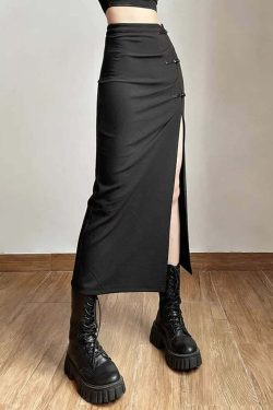 Gothic Y2K High Waisted Split Midi Skirt - Retro 90s Grunge Summer Outfit