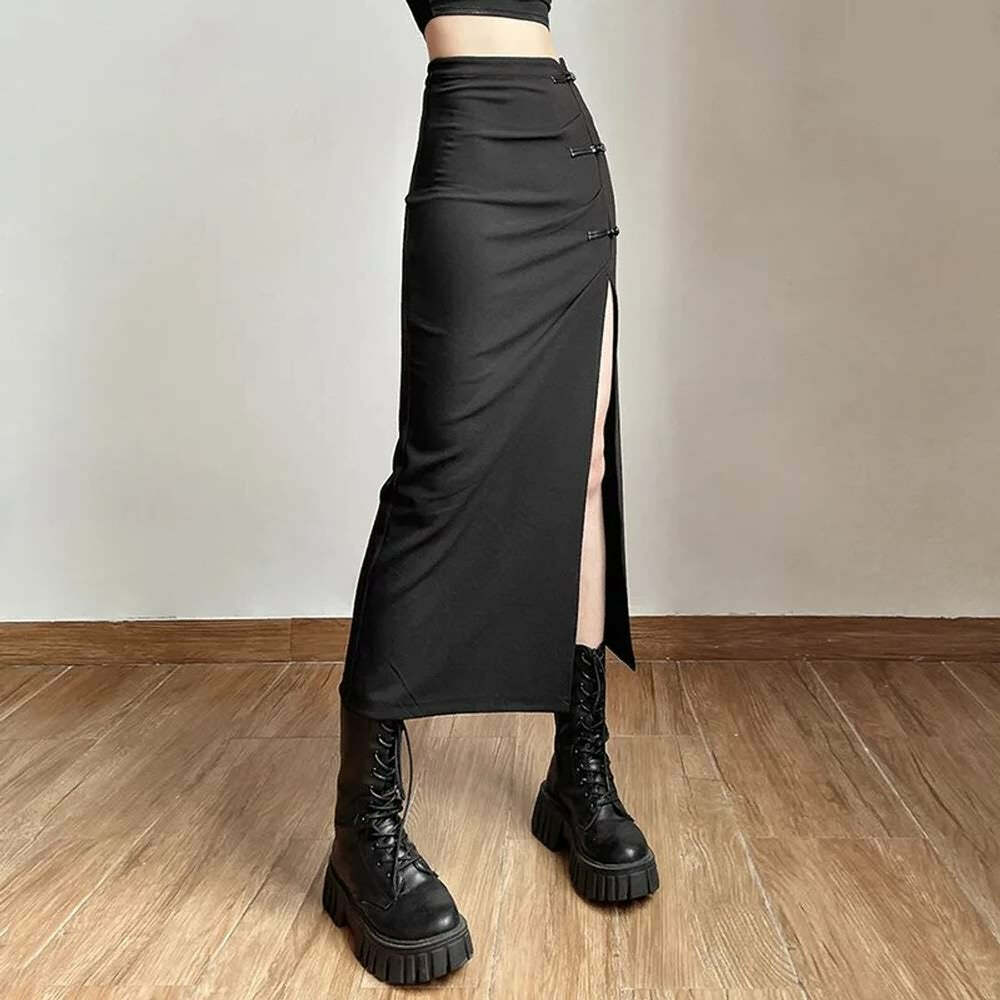 Gothic Y2K High Waisted Split Midi Skirt - Retro 90s Grunge Summer Outfit