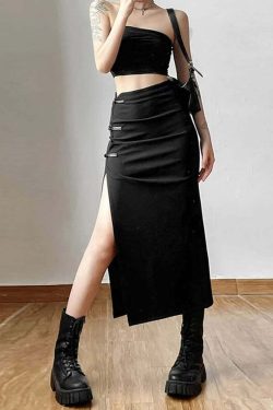 Gothic Y2K High Waisted Split Midi Skirt - Retro 90s Grunge Summer Outfit