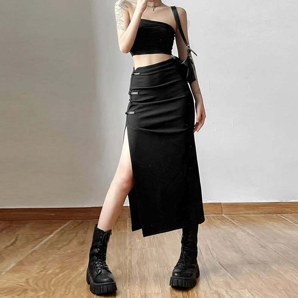 Gothic Y2K High Waisted Split Midi Skirt - Retro 90s Grunge Summer Outfit