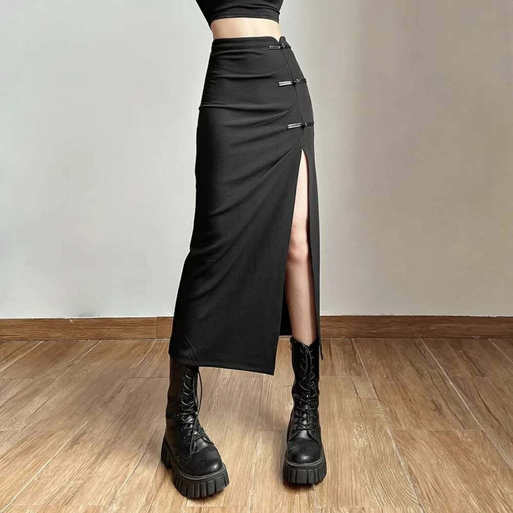 Gothic Y2K High Waisted Split Midi Skirt - Retro 90s Grunge Summer Outfit