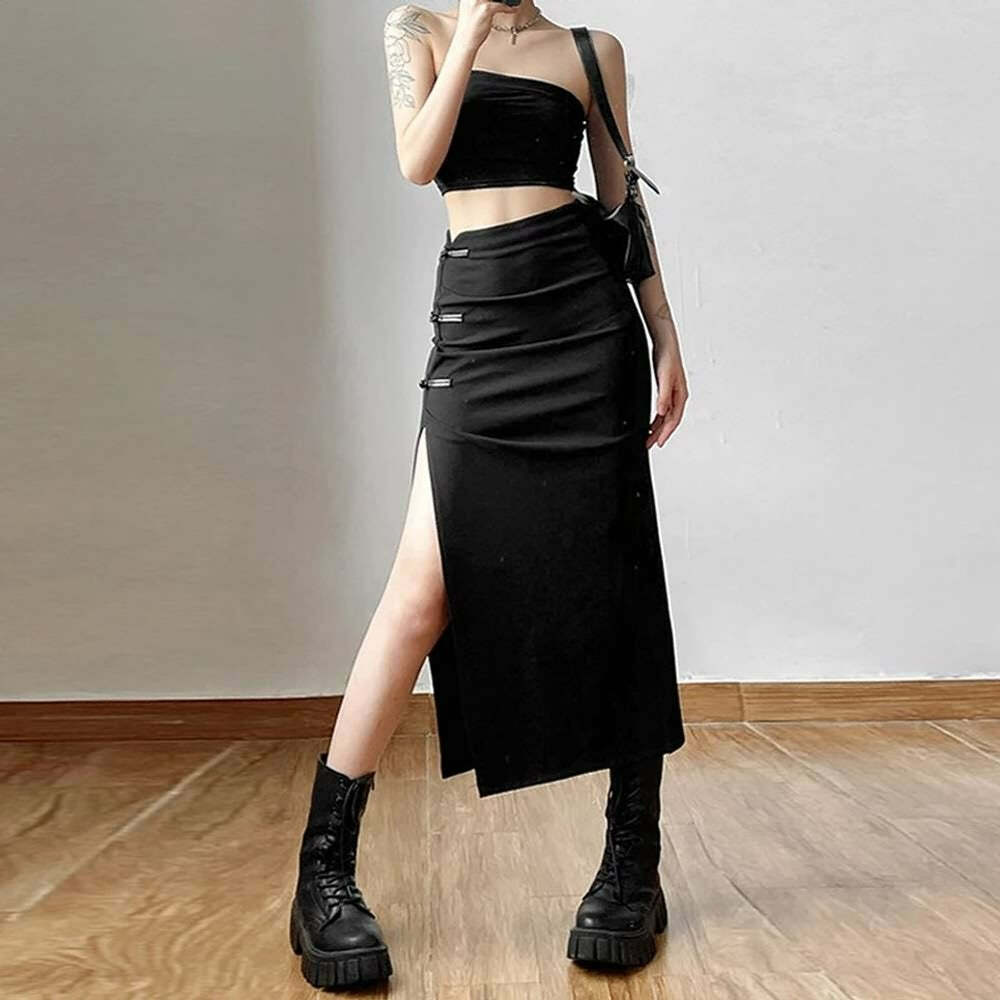 Gothic Y2K High Waisted Split Midi Skirt - Retro 90s Grunge Summer Outfit