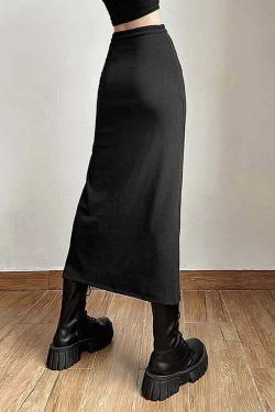 Gothic Y2K High Waisted Split Midi Skirt - Retro 90s Grunge Summer Outfit