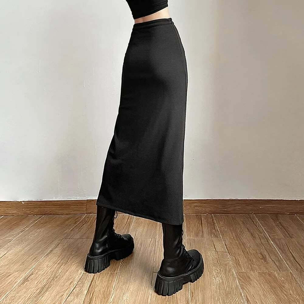 Gothic Y2K High Waisted Split Midi Skirt - Retro 90s Grunge Summer Outfit