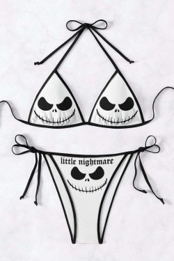 Gothic Y2K Little Nightmare Halter String Bikini Set - Retro 90s Grunge Summer Outfit