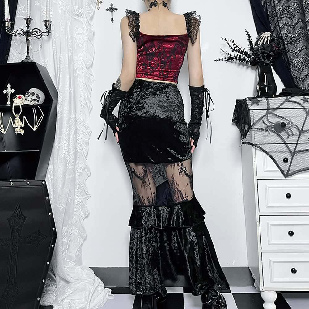 Gothic Y2K Mesh Ruched Velvet Mermaid Maxi Skirt - 90s Grunge Retro Summer Outfit