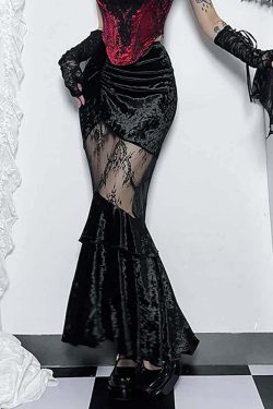 Gothic Y2K Mesh Ruched Velvet Mermaid Maxi Skirt - 90s Grunge Retro Summer Outfit