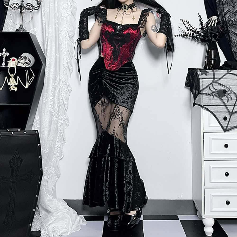 Gothic Y2K Mesh Ruched Velvet Mermaid Maxi Skirt - 90s Grunge Retro Summer Outfit
