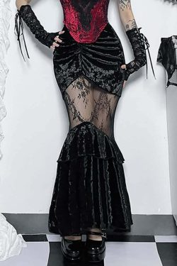 Gothic Y2K Mesh Ruched Velvet Mermaid Maxi Skirt - 90s Grunge Retro Summer Outfit
