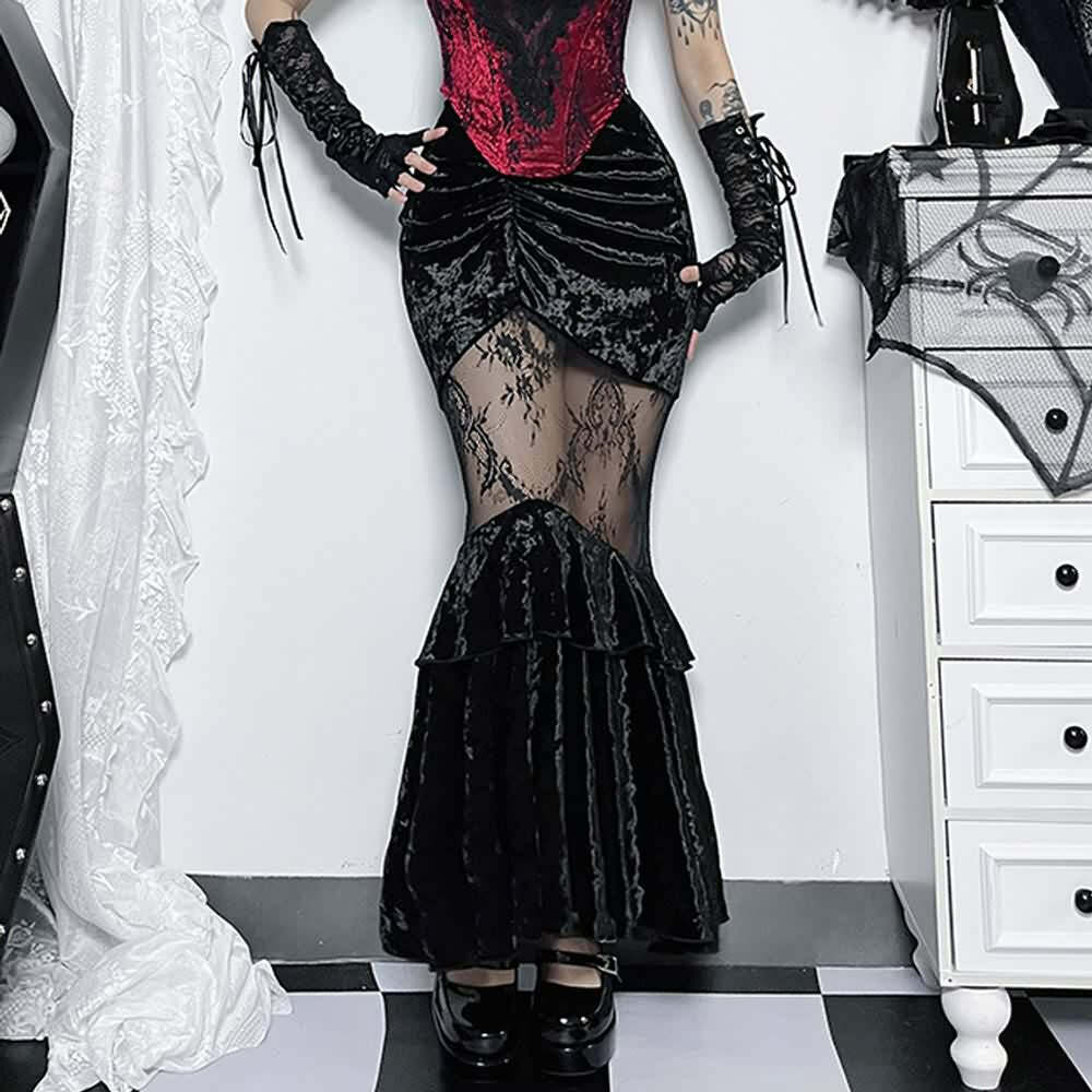 Gothic Y2K Mesh Ruched Velvet Mermaid Maxi Skirt - 90s Grunge Retro Summer Outfit
