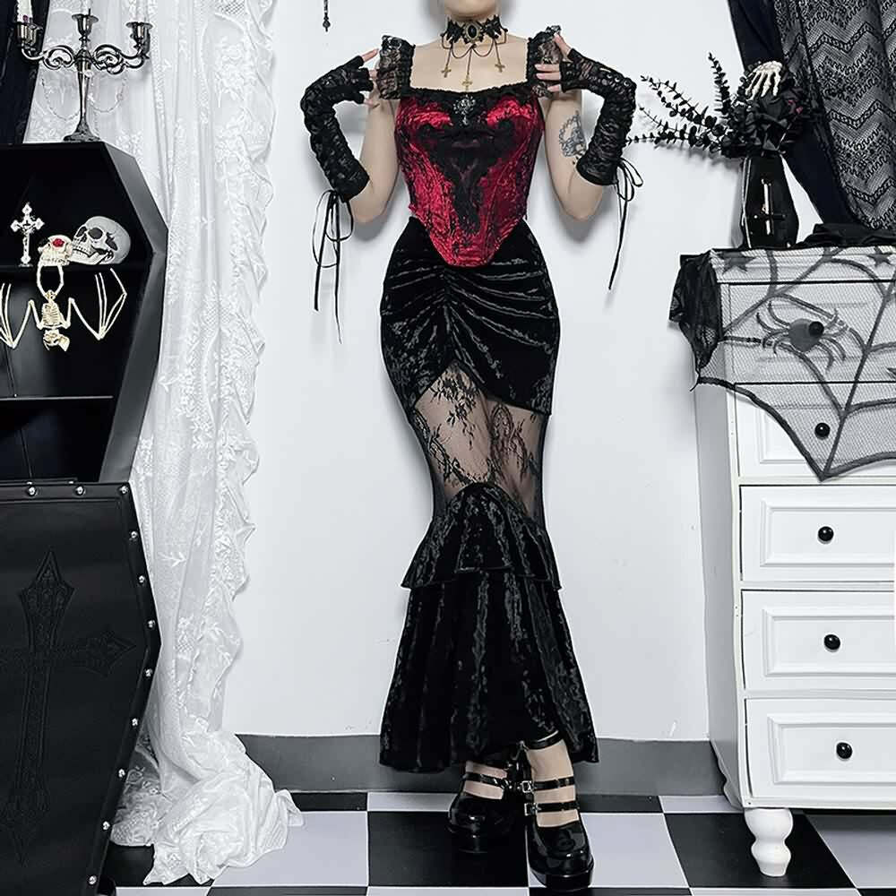 Gothic Y2K Mesh Ruched Velvet Mermaid Maxi Skirt - 90s Grunge Retro Summer Outfit