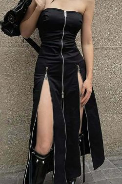 Gothic Y2K Off Shoulder Zip Front Slit Midi Dress - 90s Grunge Summer Party Outfit