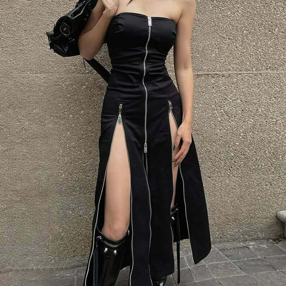 Gothic Y2K Off Shoulder Zip Front Slit Midi Dress - 90s Grunge Summer Party Outfit