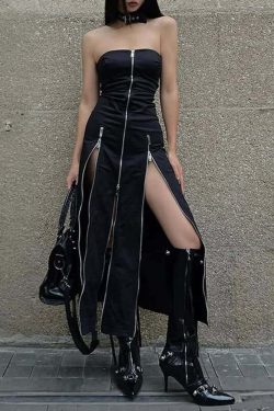 Gothic Y2K Off Shoulder Zip Front Slit Midi Dress - 90s Grunge Summer Party Outfit