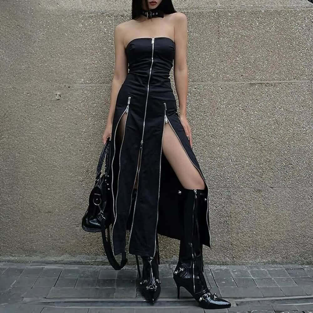 Gothic Y2K Off Shoulder Zip Front Slit Midi Dress - 90s Grunge Summer Party Outfit