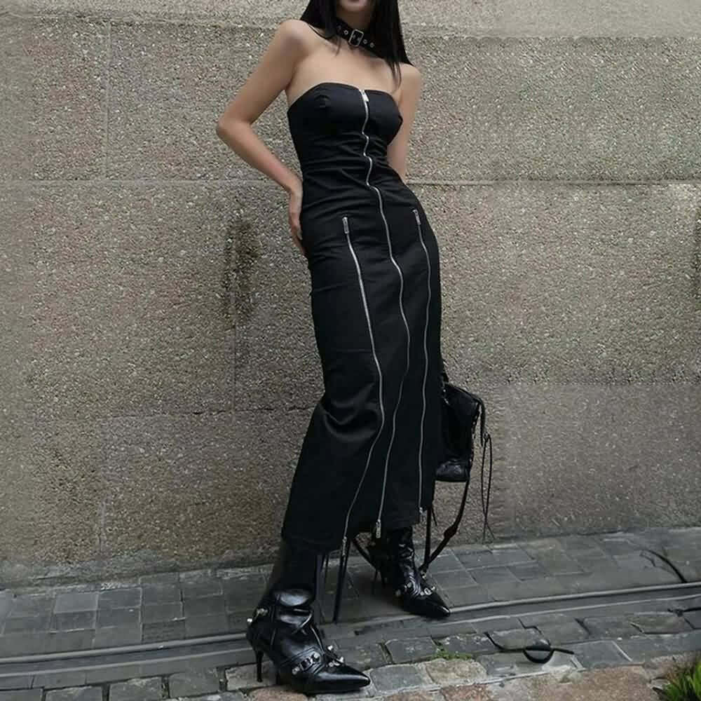 Gothic Y2K Off Shoulder Zip Front Slit Midi Dress - 90s Grunge Summer Party Outfit
