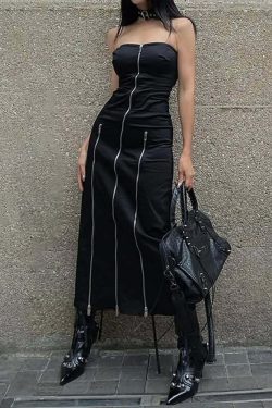 Gothic Y2K Off Shoulder Zip Front Slit Midi Dress - 90s Grunge Summer Party Outfit