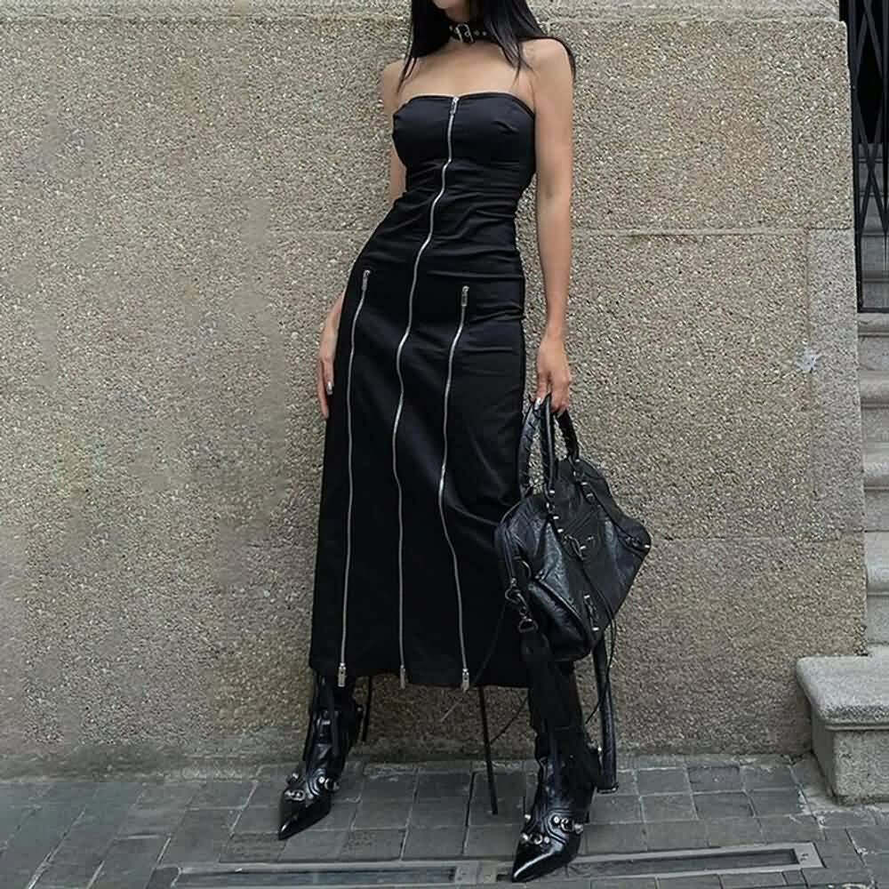 Gothic Y2K Off Shoulder Zip Front Slit Midi Dress - 90s Grunge Summer Party Outfit