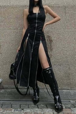 Gothic Y2K Off Shoulder Zip Front Slit Midi Dress - 90s Grunge Summer Party Outfit