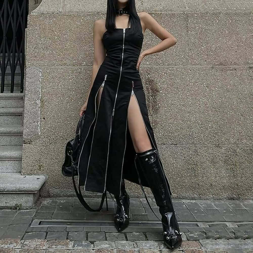Gothic Y2K Off Shoulder Zip Front Slit Midi Dress - 90s Grunge Summer Party Outfit