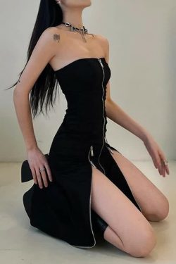 Gothic Y2K Off Shoulder Zip Front Slit Midi Dress - 90s Grunge Summer Party Outfit