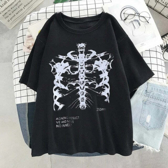 Gothic Y2K Ribcage T-Shirt - Black | 90s Grunge, Retro, Pastel Goth, Y2K Fashion