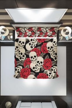 Gothic Y2K Skull Rose Duvet Cover Set - Retro 90s Grunge Pastel Goth Bedding