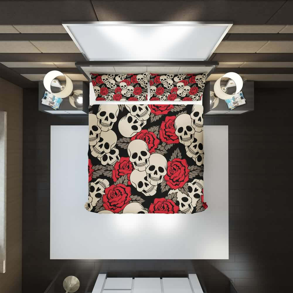 Gothic Y2K Skull Rose Duvet Cover Set - Retro 90s Grunge Pastel Goth Bedding