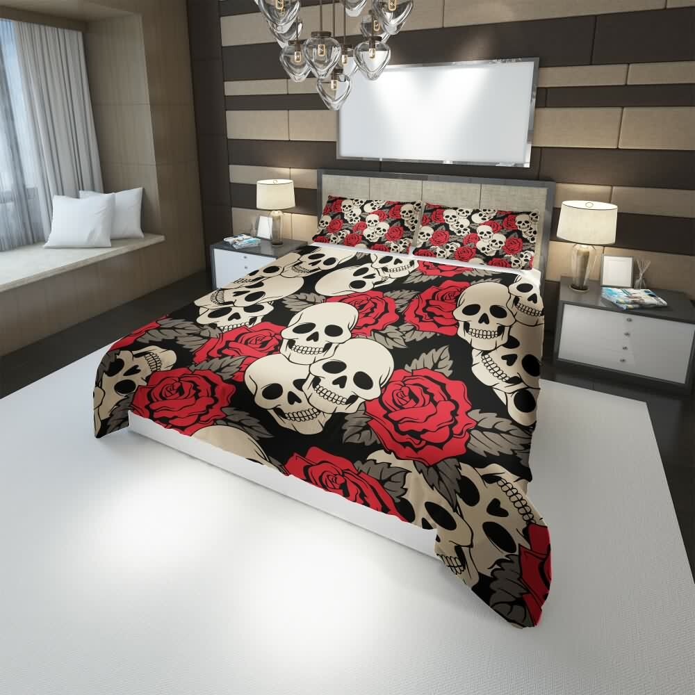 Gothic Y2K Skull Rose Duvet Cover Set - Retro 90s Grunge Pastel Goth Bedding