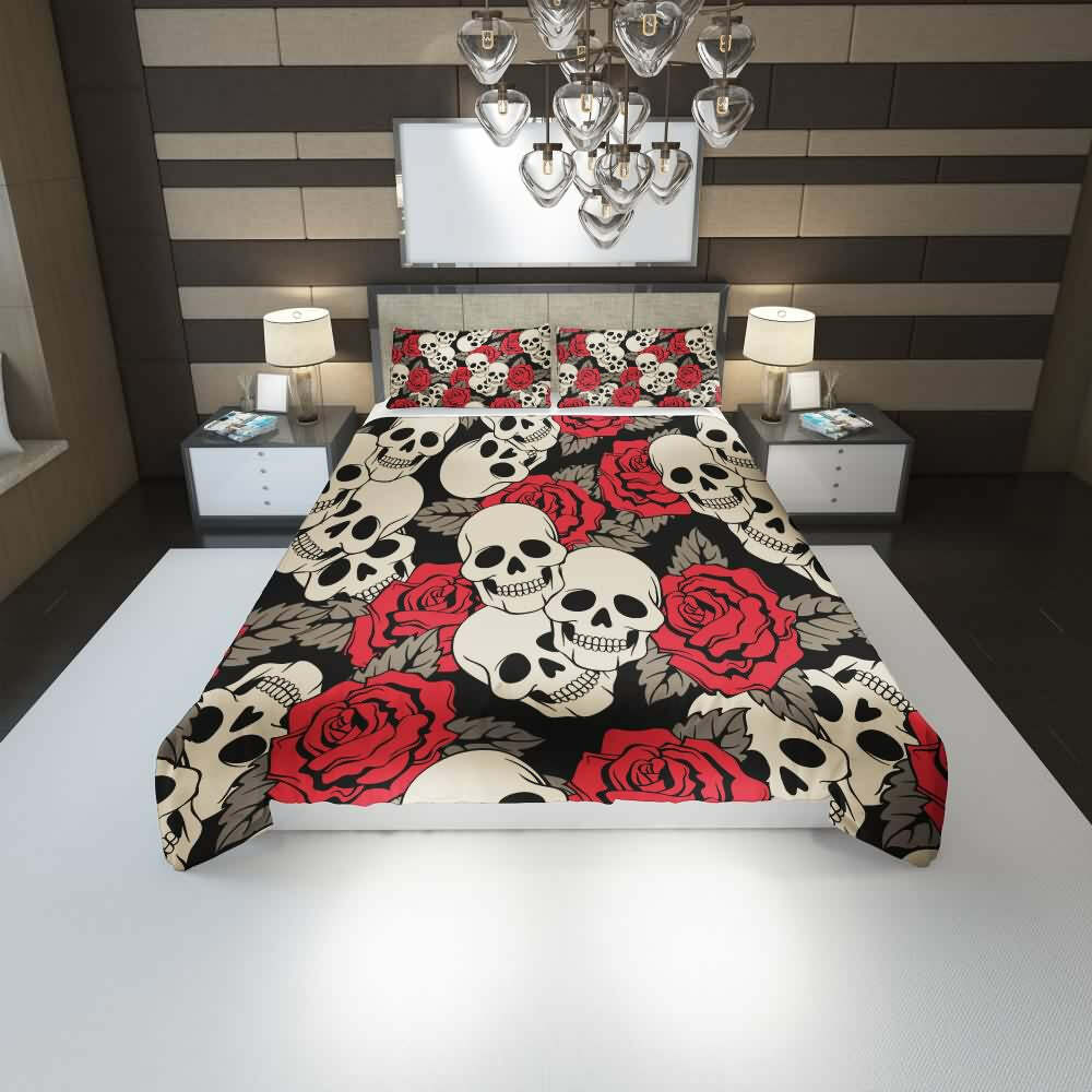 Gothic Y2K Skull Rose Duvet Cover Set - Retro 90s Grunge Pastel Goth Bedding