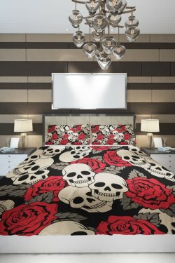 Gothic Y2K Skull Rose Duvet Cover Set - Retro 90s Grunge Pastel Goth Bedding