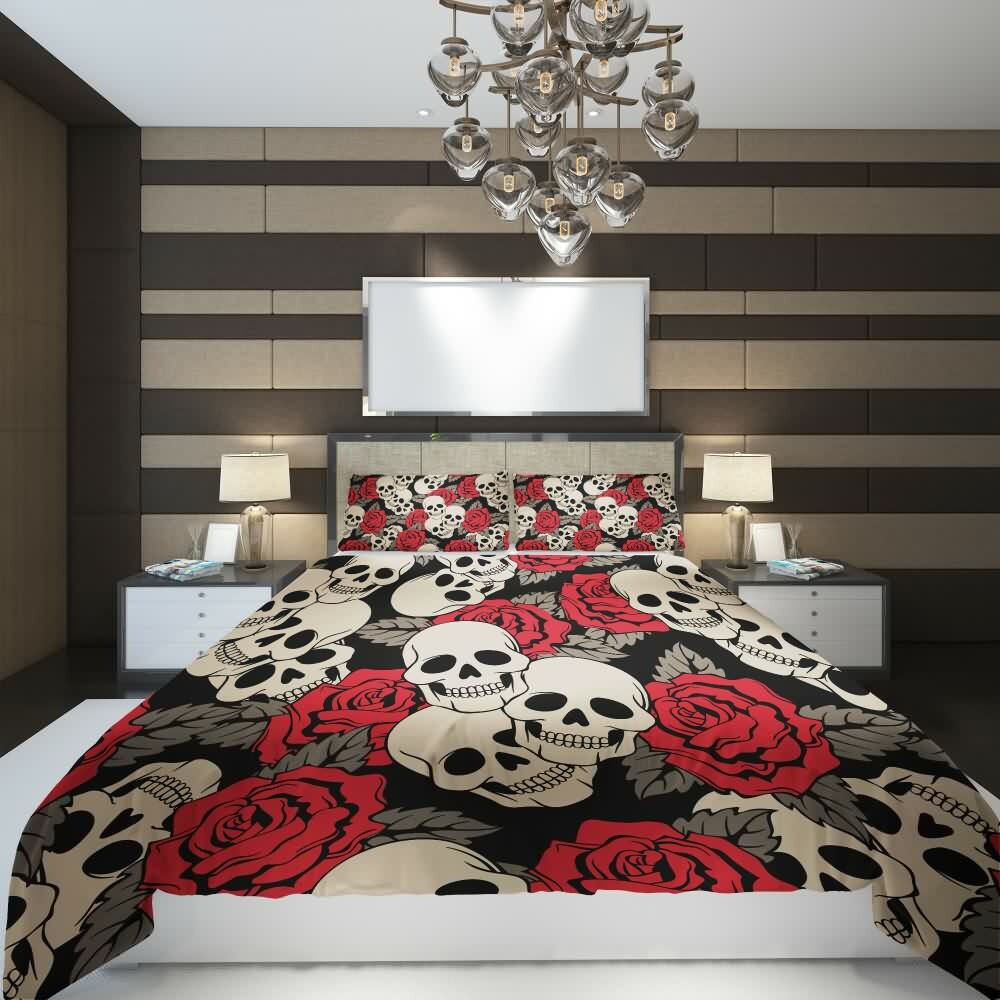 Gothic Y2K Skull Rose Duvet Cover Set - Retro 90s Grunge Pastel Goth Bedding