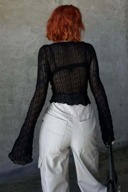 Gothic Y2K Tie Front Sheer Long Sleeve Crop Top - 90s Grunge, Retro, Pastel Goth Fashion