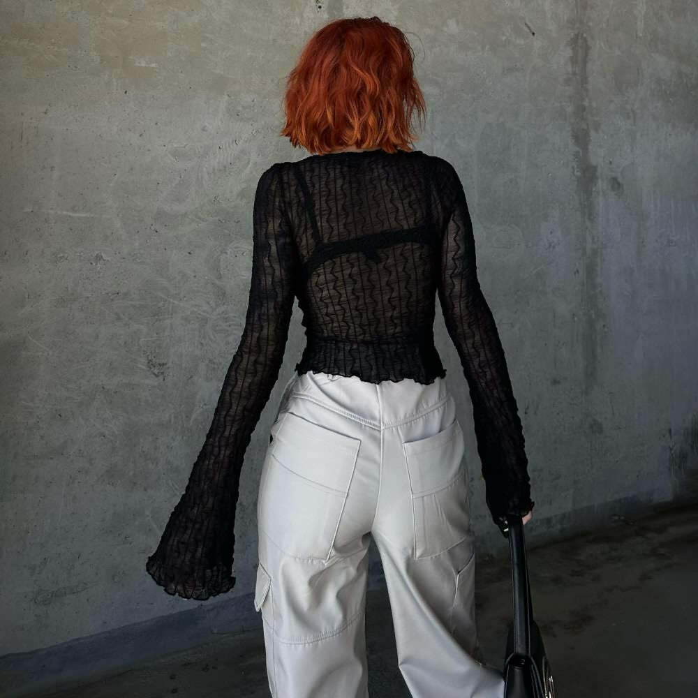 Gothic Y2K Tie Front Sheer Long Sleeve Crop Top - 90s Grunge, Retro, Pastel Goth Fashion