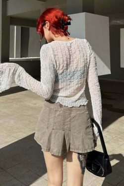 Gothic Y2K Tie Front Sheer Long Sleeve Crop Top - 90s Grunge, Retro, Pastel Goth Fashion