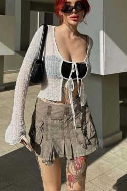 Gothic Y2K Tie Front Sheer Long Sleeve Crop Top - 90s Grunge, Retro, Pastel Goth Fashion