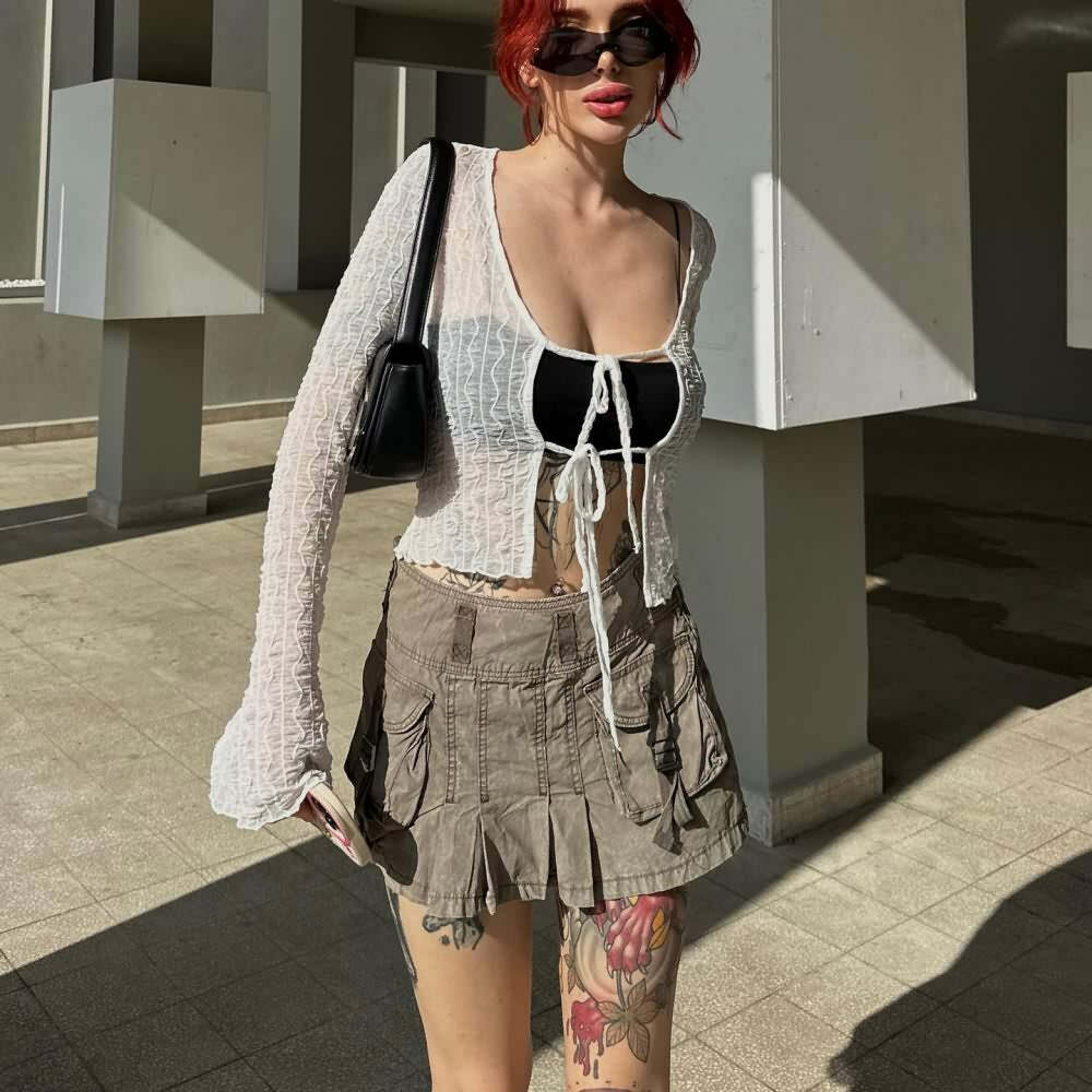 Gothic Y2K Tie Front Sheer Long Sleeve Crop Top - 90s Grunge, Retro, Pastel Goth Fashion