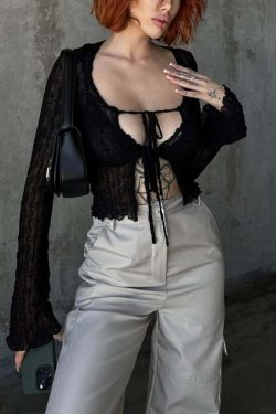 Gothic Y2K Tie Front Sheer Long Sleeve Crop Top - 90s Grunge, Retro, Pastel Goth Fashion