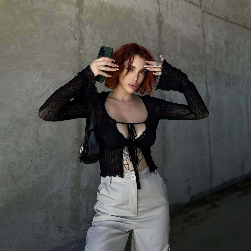 Gothic Y2K Tie Front Sheer Long Sleeve Crop Top - 90s Grunge, Retro, Pastel Goth Fashion