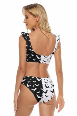 Gothic Y2K Two Tone Ruffle Strap Bikini Set - Retro 90s Grunge Summer Beach Outfit
