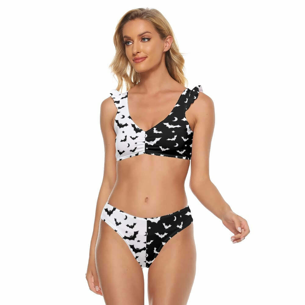 Gothic Y2K Two Tone Ruffle Strap Bikini Set - Retro 90s Grunge Summer Beach Outfit