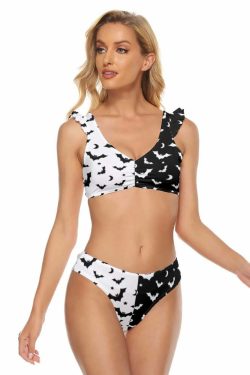 Gothic Y2K Two Tone Ruffle Strap Bikini Set - Retro 90s Grunge Summer Beach Outfit